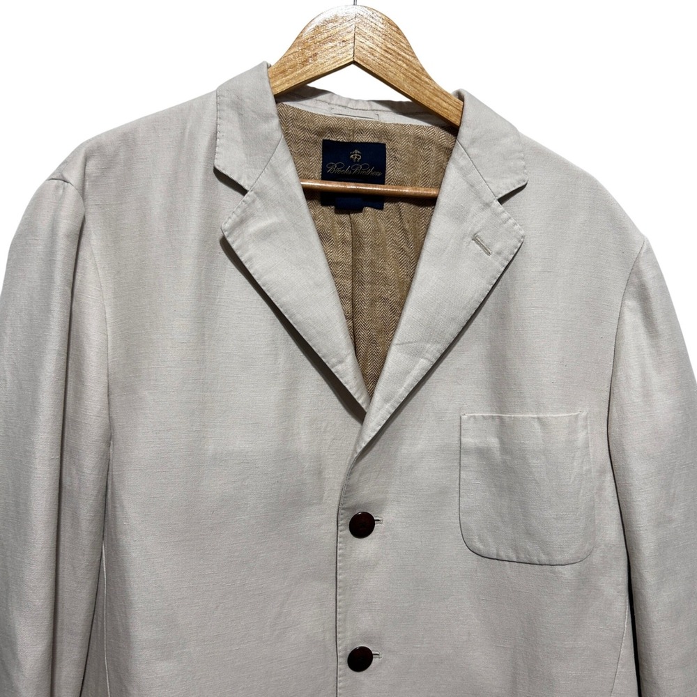 Brooks Brothers Men Linen Cotton Blazer Jacket L Beige 3 Button‎ Sports Coat - Picture 2 of 11